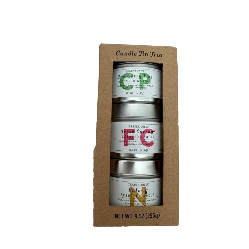 Trader Joe's Candle Tin Trio NEW Cranberry Pine Fresh Currant Nutmeg